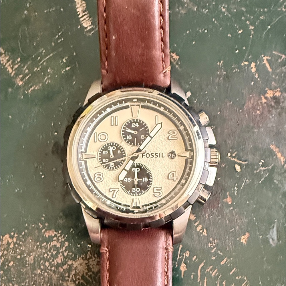 Fossil Silver Dial Watch with Brown Leather Strap